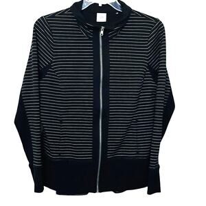 CABI LONG SLV FRONT ZIP COTTON/POLY FLEECE JACKET, WOMENS, L, BLACK/WHITE STRIPE